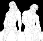  2boys abs absurdres alternate_muscle_size anjingkuxiao bara beard come_hither covering cross_scar facial_hair fate/apocrypha fate/extra fate/grand_order fate_(series) greyscale highres large_pectorals long_hair looking_at_viewer male_focus mature_male monochrome multiple_boys muscular muscular_male navel_hair nipples nude_cover pectorals scar scar_on_arm scar_on_chest scar_on_leg seductive_smile short_hair sideburns smile spot_color stomach thick_thighs thighs topless_male vlad_iii_(fate/apocrypha) vlad_iii_(fate/extra) 