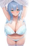  1girl armpits arms_up bangs blue_bra blue_hair blue_panties blush bra breasts cleavage closed_mouth futon_fly_away green_eyes highres large_breasts long_hair looking_at_viewer mole mole_under_eye original panties shirt simple_background smile thighhighs underwear white_background white_shirt white_thighhighs 
