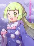  1girl bangs blunt_bangs braid coat fur-trimmed_coat fur_trim green_eyes hand_up highres inana_umi lillie_(pokemon) long_hair looking_at_viewer mittens one_eye_closed open_mouth pink_ribbon pokemon pokemon_(game) pokemon_sm ribbon smile snowing teeth upper_teeth_only winter_clothes 