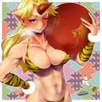  1girl 2010 abs animal_print bikini blonde_hair breast_press breasts breath cameo chinese_zodiac cleavage collarbone drunk grin ground_vehicle hand_on_hip horn hoshiguma_yuugi jagdtiger large_breasts military military_vehicle motor_vehicle muscle muscular_female navel new_year one_eye_closed pointy_ears shippou_(pattern) smile solo_focus swimsuit tank tank_destroyer tiger tiger_print touhou virtua_fighter year_of_the_tiger yuki_akira yurikawa 