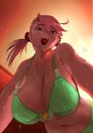  1girl bangs bell bikini breasts cleavage commentary_request green_bikini highres huge_breasts indoors looking_at_viewer mamorunokoto navel open_mouth original pink_hair short_twintails solo strap_gap sweat swept_bangs swimsuit tongue twintails 