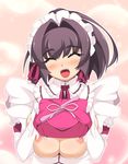  ^_^ anus blush breastless_clothes breasts brown_hair closed_eyes elbow_gloves frills gloves happy highres huge_breasts inverted_nipples maid maid_headdress mel/a nipples obentou open_clothes original puffy_nipples red_eyes saionji_mikoto solo 