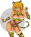  2010 animal_ears animal_print bell blonde_hair blush breasts bridal_gauntlets cleavage copyright_request curvy dark_skin fangs garter_belt green_eyes jingle_bell large_breasts leaning_forward midriff navel nekoguchi new_year one_eye_closed paw_pose smile solo tail thighhighs tiger tiger_ears tiger_print tiger_tail 