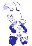 2019 4_fingers annie_(disfigure/rafielo) anthro anus armwear blush butt clothing disfigure elbow_gloves female frown gloves hair hair_over_eye lagomorph leaning leaning_forward legwear looking_at_viewer looking_back mammal monochrome mostly_nude pose presenting presenting_hindquarters pussy rabbit rear_view short_hair solo spread_butt spreading thigh_highs 