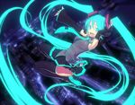  aqua_eyes aqua_hair armpits bad_id bad_pixiv_id detached_sleeves fondolger glowing glowing_hair hatsune_miku legs long_hair midair necktie open_mouth skirt solo thighhighs twintails very_long_hair vocaloid zettai_ryouiki 