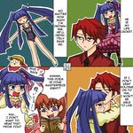  2girls 4koma blue_hair blush bow brown_hair comic dress furudo_erika hard_translated laughing multiple_girls one-piece_swimsuit pink_bow ponyo red_hair ribbon rifyu school_swimsuit swimsuit tears translated twintails umineko_no_naku_koro_ni ushiromiya_battler ushiromiya_maria 