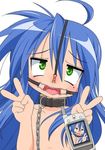  ahoge artist_request bdsm blue_hair bondage bound cellphone chain collar green_eyes humiliation izumi_konata jpeg_artifacts long_hair lucky_star mole nose_hook nude phone photo_(object) solo tears third-party_edit tongue v 