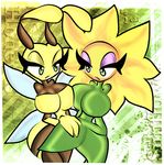  2girls antennae banjo-kazooie banjo-tooie bee bee_girl big_breasts breast_press breasts conker conker's_bad_fur_day eyeshadow flower green_eyes honey_b huge_breasts large_breasts lowres makeup ms_sunflower multiple_girls no_nipples rareware sunflower wings 