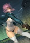  breasts duplicate fingerless_gloves ghost_in_the_shell gloves jacket kusanagi_motoko large_breasts leotard lips lokman_lam purple_hair red_eyes short_hair solo thighhighs weapon 