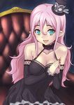  breasts cleavage copyright_request detached_sleeves fang green_eyes hashi large_breasts long_hair pink_hair pointy_ears solo 