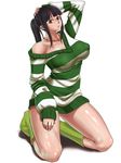  areolae black_hair boots bottomless breasts collarbone dress glasses green_eyes hand_on_own_head highres jewelry kneeling knees large_areolae large_breasts necklace nico_robin off_shoulder one_piece one_piece:_strong_world ponytail pose shiny shiny_skin simple_background solo striped sueyuu sweater sweater_dress thighs 