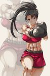  1girl abs absurdres alternate_costume black_hair boxing boxing_gloves boxing_shorts crop_top grey_eyes high_ponytail highres muscle muscular_female navel nonoririn ponytail punching red_shorts red_tank_top shorts soul_calibur stomach sweat taki_(soulcalibur) thighs 