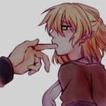  blonde_hair cuffs finger_sucking green_eyes hands hoshiguma_yuugi lowres mizuhashi_parsee multiple_girls rex_k saliva scarf short_hair touhou yuri 