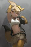  1girl absurdres animal_ears arm_belt arm_up armpits bare_shoulders belt blonde_hair blush closed_mouth collarbone coyote_(kemono_friends) coyote_ears coyote_tail dark_skin elbow_gloves extra_ears fang fang_out gloves hair_between_eyes hand_up head_tilt highres kemono_friends midriff miniskirt multicolored_hair navel okojo_ojoko open_clothes open_shirt platinum_blonde_hair seductive_smile shirt short_hair skirt smile solo sports_bra stomach tail thighhighs two-tone_hair undressing upper_body zettai_ryouiki 