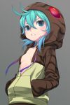  1girl absurdres antenna_hair blue_hair breasts clenched_teeth collarbone gradient_hair green_eyes green_hair grey_background hair_between_eyes hands_in_pockets highres hood hood_up hoodie kemono_friends long_sleeves looking_at_viewer multicolored_hair neck_ribbon okojo_ojoko partially_unzipped pocket ribbon sharp_teeth simple_background small_breasts solo stomach striped_hoodie teeth tsuchinoko_(kemono_friends) upper_body 