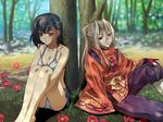  against_tree aoi_shiro barefoot bikini black_hair blush breasts camellia cleavage dappled_sunlight day flower game_cg hair_ornament hairclip japanese_clothes kimono kohaku_(aoi_shiro) leg_hug long_hair medium_breasts multiple_girls nature orange_eyes osanai_shouko outdoors ponytail purple_eyes short_hair side-tie_bikini sitting smile sunlight swimsuit tree white_hair yasaka_minato 