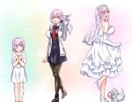  1girl alternate_hair_length alternate_hairstyle black_dress black_legwear bouquet breasts bridal_veil bride dress eyes_visible_through_hair fate/grand_order fate_(series) flower fou_(fate/grand_order) glasses hair_over_one_eye highres jacket large_breasts lavender_hair long_hair looking_at_viewer mabo-udon mash_kyrielight necktie older open_mouth pantyhose purple_eyes short_hair smile solo veil wedding_dress white_dress younger 