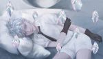  1other androgynous antarcticite antarcticite_(gemstone) blue_eyes character_name crystal crystal_hair expressionless gem gem_uniform_(houseki_no_kuni) gloves grabbing_own_arm highres houseki_no_kuni looking_at_viewer lying necktie on_side pillow short_hair silver_hair solo white_hair 