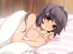  after_sex afterglow bed black_hair blush breasts happy large_breasts long_hair looking_at_viewer mel/a naked_sheet original pillow red_eyes saionji_mikoto solo sweat wallpaper 