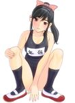  bad_id bad_pixiv_id black_legwear full_body hand_on_own_knee high_ponytail legs love_plus masao name_tag one-piece_swimsuit parted_lips ponytail school_swimsuit shoes simple_background socks solo squatting swimsuit takane_manaka uwabaki white_background 
