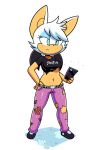  2019 alternate_costume anthro breasts cellphone chiropteran clothing disfigure female frown fur green_eyes hair half-closed_eyes holding_object jeans mammal pants phone rouge_the_bat shirt solo sonic_(series) standing t-shirt tank_skin thong torn_clothing white_fur white_hair 