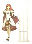  1girl armor cape celica_(fire_emblem) dress earrings fingerless_gloves fire_emblem fire_emblem_echoes:_mou_hitori_no_eiyuuou full_body gloves hidari_(left_side) highres jewelry long_hair nintendo non-web_source official_art red_eyes red_hair simple_background solo thighhighs 