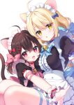  2girls :d ahoge animal_ear_fluff animal_ears apron bangs bell black_hair blonde_hair blue_bow blue_choker blush bow breasts cat_ears cat_girl cat_tail center_frills choker commission copyright_request fang frilled_apron frills hair_between_eyes hair_bow hair_ornament hairclip highres jingle_bell long_hair maid maid_headdress medium_breasts multiple_girls neck_bell outstretched_arm parted_lips pink_bow pixiv_commission puffy_short_sleeves puffy_sleeves red_bow red_eyes sakura_neko short_sleeves smile tail very_long_hair white_apron wrist_cuffs yellow_eyes 