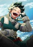  1boy belt belt_pouch blue_sky blurry blurry_foreground blush bodysuit boku_no_hero_academia cloud cloudy_sky curly_hair film_grain floating_clothes floating_hair freckles gloves gradient_sky green_bodysuit green_gloves green_hair hand_on_own_stomach hand_to_own_face hands_up happy light_particles male_focus midoriya_izuku open_mouth pouch raised_eyebrows red_belt round_teeth shinobu_wo short_hair signature sitting sky smile tearing_up tears teeth twitter_username two-tone_gloves upper_body white_gloves wiping_tears 