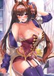  1girl animal_ears arm_support arm_up bangs blush breasts brown_hair commentary_request curtains daiwa_scarlet_(umamusume) fang garter_straps hair_ornament highres horse_ears horse_girl indoors kawai_(purplrpouni) large_breasts long_hair looking_at_viewer navel open_mouth purple_eyes skin_fang skirt solo thighhighs thighs twintails umamusume very_long_hair white_skirt window 
