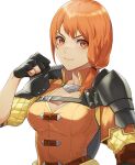  1girl armor breasts cleavage commentary_request fire_emblem fire_emblem:_three_houses isa_(peien516) large_breasts leonie_pinelli long_hair looking_at_viewer orange_eyes orange_hair orange_shirt pauldrons shirt shoulder_armor simple_background smile solo upper_body white_background 