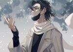  1boy black_eyes black_hair black_mask black_shirt cheng_xiaoshi chinese_commentary chromatic_aberration cloud coat commentary hair_between_eyes hand_up highres layered_sleeves long_sleeves male_focus mask mouth_mask parted_lips scarf shiguang_dailiren shirt short_hair snowing solo upper_body white_coat white_scarf ya_kexi 