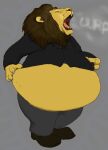  anthro beartubbs belly big_belly burping claws clothed clothing english_text eyes_closed felid fur hand_on_stomach lion male mammal mane obese obese_anthro obese_male onomatopoeia open_mouth overweight overweight_anthro overweight_male pantherine presenting_belly solo sound_effects standing teeth text tongue whiskers yellow_body yellow_fur 