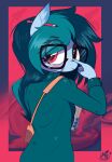  2023 absurd_res anthro clothed clothing delta_vee digital_media_(artwork) equid eyebrows eyelashes eyewear fan_character glasses hasbro hi_res looking_at_viewer looking_back looking_back_at_viewer mammal my_little_pony nevobaster pencil_(object) solo 