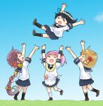  4girls akebono_(kancolle) apron bell black_hair black_socks closed_eyes flower flower_necklace hair_bell hair_ornament kantai_collection kneehighs light_brown_hair long_hair medium_hair multiple_girls oboro_(kancolle) open_mouth pink_hair pleated_skirt purple_hair saiguchi_otoufu sailor_collar sazanami_(kancolle) school_uniform serafuku short_hair skirt smile socks twintails ushio_(kancolle) very_long_hair 