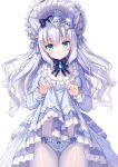  1girl animal_ear_fluff animal_ears ass_visible_through_thighs bangs blue_bow blue_dress blue_eyes blue_panties blush bonnet bow bow_panties closed_mouth clothes_lift commission dress dress_lift frilled_bow frilled_dress frilled_panties frills grey_hair hair_between_eyes hair_bow highres lifted_by_self noripro panties panties_under_pantyhose pantyhose pixiv_commission sakura_neko shirayuki_mishiro smile solo underwear virtual_youtuber white_headwear white_pantyhose 