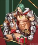  1boy abs absurdres anjingkuxiao bara bare_pectorals beard bow bowtie box cape chest_harness christmas facial_hair feet_out_of_frame fire_emblem fur-trimmed_cape fur_trim gauntlets gift gift_box green_hair harness highres large_pectorals leather looking_at_viewer male_focus mature_male muscular muscular_male navel nipples pectorals pelvic_curtain santa_costume seteth_(fire_emblem) short_hair sitting snowflake_print solo stomach thighs 