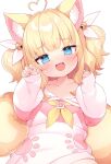  1girl :d absurdres animal_ear_fluff animal_ears blonde_hair blue_eyes cat_ears cat_girl cat_tail child chiyu_(vtuber) commission fang female_child highres indie_virtual_youtuber long_sleeves medium_hair msp_sammy puffy_long_sleeves puffy_sleeves second-party_source skeb_commission sleeves_past_wrists smile smug tail two_side_up virtual_youtuber 