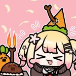  &gt;_&lt; 1girl :d birthday_cake blonde_hair brown_cardigan cake cardigan chibi fang flower food gradient_hair hair_flower hair_ornament happy_birthday hat hololive jazz_jack long_hair lowres momosuzu_nene multicolored_hair nekko_(momosuzu_nene) open_mouth party_hat pink_background pink_hair sleeves_past_fingers sleeves_past_wrists smile solo twintails virtual_youtuber xd 