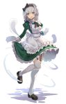  1girl :d alternate_costume apron arms_at_sides ascot bangs black_ascot black_bow black_footwear black_hairband blue_eyes blunt_bangs blush bob_cut bow commentary dress enmaided falken_(yutozin) frilled_apron frilled_dress frilled_skirt frills full_body garter_straps gloves green_dress hair_bow hairband hand_up highres hitodama_print juliet_sleeves konpaku_youmu konpaku_youmu_(ghost) leg_up loafers long_sleeves looking_at_viewer maid open_mouth outstretched_arms puffy_sleeves revision sash shoes short_hair sidelocks simple_background skirt skirt_hold sleeve_cuffs smile solo standing standing_on_one_leg thighhighs touhou white_apron white_background white_bow white_gloves white_hair white_thighhighs wing_collar zettai_ryouiki 