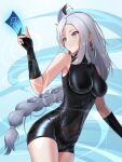  1girl bare_shoulders black_gloves blue_background breasts commentary covered_navel cowboy_shot dealesis genshin_impact gloves grey_eyes grey_hair hair_ornament hand_up head_tilt highres large_breasts long_hair ofuda shenhe_(genshin_impact) sleeveless solo standing thighs very_long_hair 