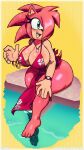  amy_rose anthro barefoot big_breasts bikini blush breasts cleavage clock clothed clothing deegee ear_piercing ear_stud eulipotyphlan feet female green_eyes hair hair_over_eye hedgehog hi_res jewelry mammal necklace one_eye_obstructed piercing pink_body pink_hair sega smile solo sonic_the_hedgehog_(series) swimwear watch water wide_hips 