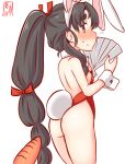  1girl animal_ears ass back black_hair blush bow bowtie brown_eyes carrot covered_navel detached_collar embarrassed fake_animal_ears fake_tail folding_fan hair_tie hand_fan high_ponytail highleg highleg_leotard kanon_(kurogane_knights) kantai_collection leotard long_hair looking_at_another multi-tied_hair nisshin_(kancolle) one-hour_drawing_challenge playboy_bunny rabbit_ears rabbit_tail red_leotard red_ribbon ribbon ribbon-trimmed_sleeves ribbon_trim solo strapless strapless_leotard tail traditional_bowtie very_long_hair wrist_cuffs 