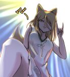  1girl animal_ears backlighting blonde_hair breasts brown_eyes dr._addamelech fox_ears fox_shadow_puppet fox_tail from_below glowing glowing_eyes green_ribbon hair_between_eyes kudamaki_tsukasa leg_up looking_at_viewer medium_breasts open_mouth out-of-frame_censoring ribbon romper sleeveless tail touhou unconnected_marketeers white_romper 