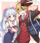  1boy 1girl :o ;d ahoge arm_up bag bangs black_headband black_jacket blonde_hair blue_bag blue_dress blue_eyes blue_hair blunt_bangs blush border cellphone collared_shirt commentary_request dog_tags dress earrings eyelashes genshin_impact green_eyes hair_between_eyes hair_ornament hair_ribbon headband high_ponytail highres holding holding_phone hood hood_down hoodie jacket jewelry kamisato_ayaka kamisato_ayaka_(gigo) lapels long_hair long_sleeves low_ponytail mizuamememe musical_note neck_ring necklace notice_lines one_eye_closed open_clothes open_jacket open_mouth outside_border parted_lips phone pinafore_dress pink_background pink_ribbon ponytail red_hoodie ribbon sailor_collar school_bag school_uniform selfie shirt shoulder_bag sidelocks simple_background sleeves_rolled_up smartphone smile speech_bubble spoken_musical_note standing stud_earrings tassel thoma_(genshin_impact) thoma_(gigo)_(genshin_impact) very_long_hair white_border white_sailor_collar white_shirt wing_collar 