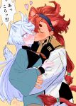  2girls absurdres animal_ears asticassia_school_uniform blush closed_eyes commentary_request dated extra_ears fang grey_hair gundam gundam_suisei_no_majo heart highres kiss kissing_cheek long_hair miorine_rembran multiple_girls open_mouth red_hair school_uniform skin_fang suletta_mercury tail thick_eyebrows translation_request yuri yuri_kyanon 