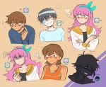  1girl 4boys aubrey_(omori) bandage_over_one_eye black_hair blue_eyes blush brown_eyes brown_hair closed_eyes closed_mouth crying dark-skinned_male dark_skin hairband hero_(omori) highres jacket kel_(omori) long_hair looking_at_viewer multiple_boys omori open_mouth pink_hair short_hair smile spoilers stranger_(omori) sunny_(omori) ud01f white_jacket 