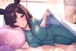  1girl absurdres alternate_costume animal_ears bed black_hair blush breasts commentary_request hair_ornament hairclip highres horse_ears horse_girl long_hair looking_at_viewer medium_breasts mejiro_dober_(umamusume) open_mouth pajamas pillow purple_eyes solo umamusume window zeatto 