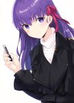  1girl absurdres bangs black_coat blush bow cellphone closed_mouth coat commentary_request fate/stay_night fate_(series) hair_between_eyes hair_bow hand_up highres holding holding_phone i.f.s.f long_hair long_sleeves looking_at_viewer matou_sakura phone puffy_long_sleeves puffy_sleeves purple_eyes purple_hair red_bow shirt simple_background smile solo turtleneck white_background white_shirt 