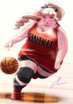  1girl akina_bbw artist_name ball bangs bare_shoulders basketball basketball_uniform bike_shorts blonde_hair blush breasts character_request cleavage closed_mouth commentary_request commission copyright_request dot_nose highres huge_breasts knee_pads leaning_to_the_side long_hair looking_at_viewer motion_blur motion_lines open_hand pink_eyes pixiv_commission ponytail red_footwear red_lips shoes sleeveless sneakers solo sportswear standing standing_on_one_leg sweat thick_arms thick_thighs thighs tsurime twitter_username 