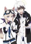  1boy 1girl adnachiel_(arknights) animal_ears arknights cardigan_(arknights) dog_ears dog_tail drawdrawdeimos goggles goggles_on_head halo headphones headphones_around_neck highres purple_eyes tail yellow_eyes 